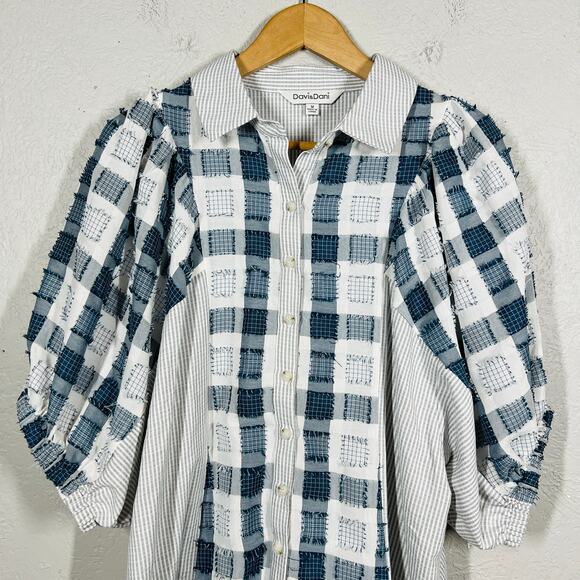 Davi & Dani Button Up Puff Sleeve Blouse Mixed MEdia Checker Stripe Casual - M - Picture 2 of 5